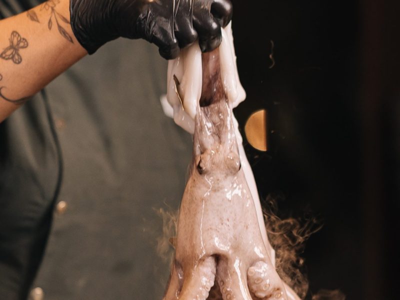 Preparo do polvo na cozinha da Pousada Mestizo